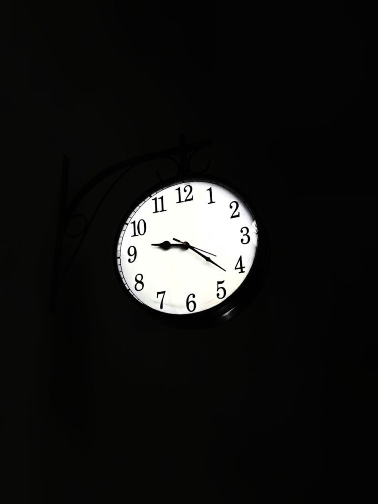 A clock illuminated in the dark.